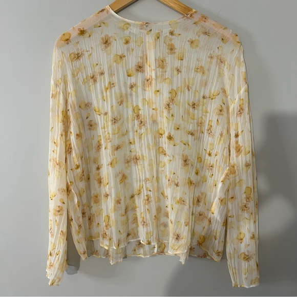 Vince Pressed Petal Blouse Yellow Floral Pleated Crinkle Semi Sheer Top - Picture 2 of 12